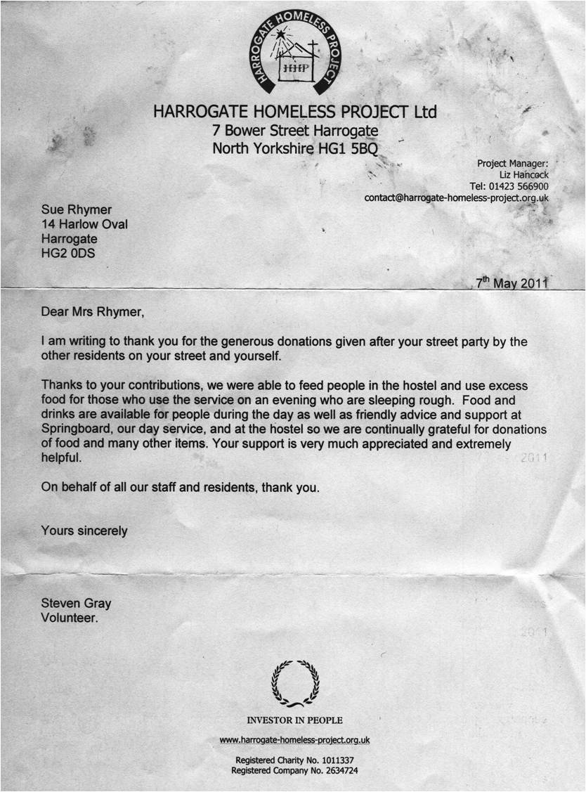 Thank you letter from Harrogate Homeless Project for donation of surplus food